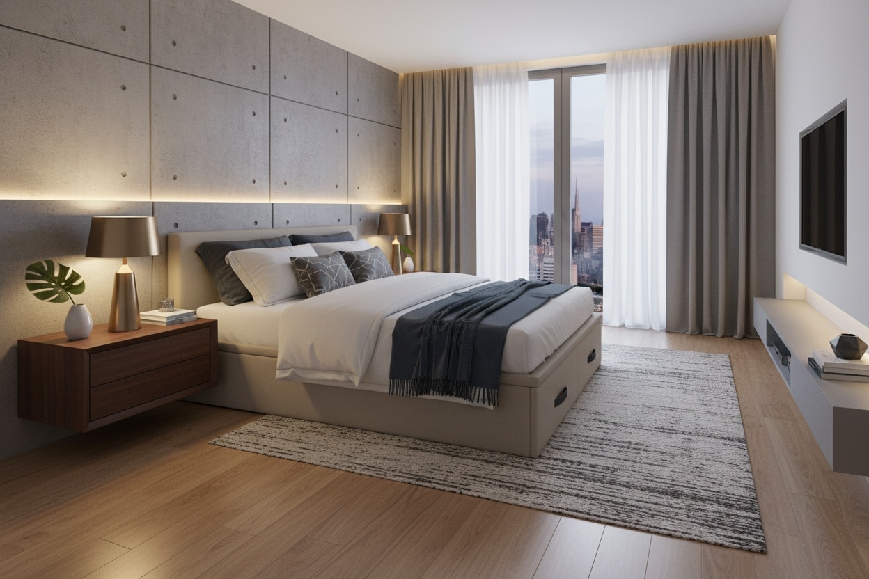 habitación moderna con cama con cajones frontales