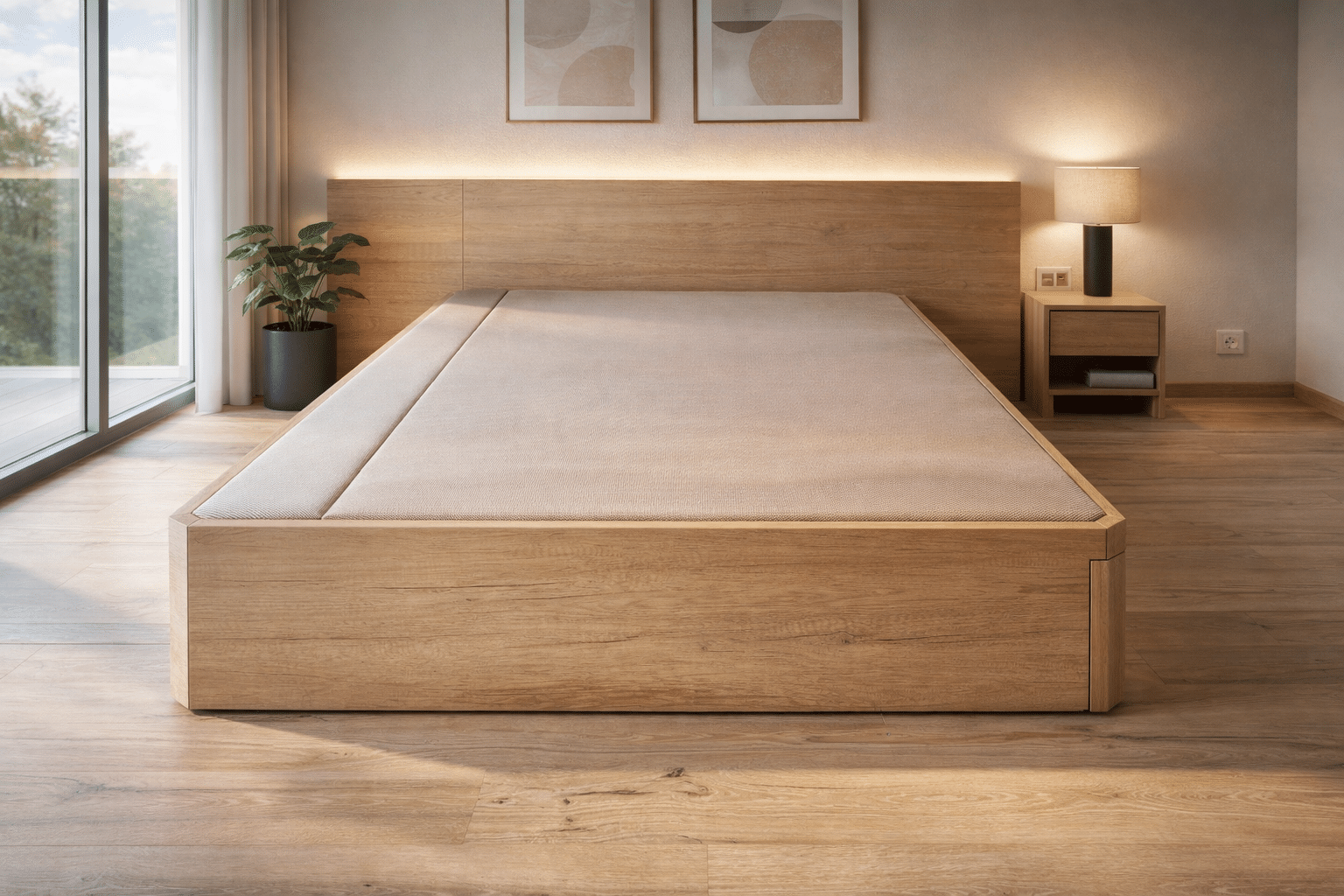 cama de madera en una habitación